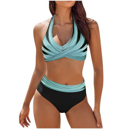 Color Block Floral High Waist Bikini Set