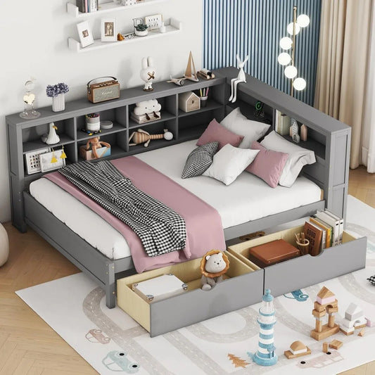 Space Saving Full Size Daybed With Bookcase & Charging Station