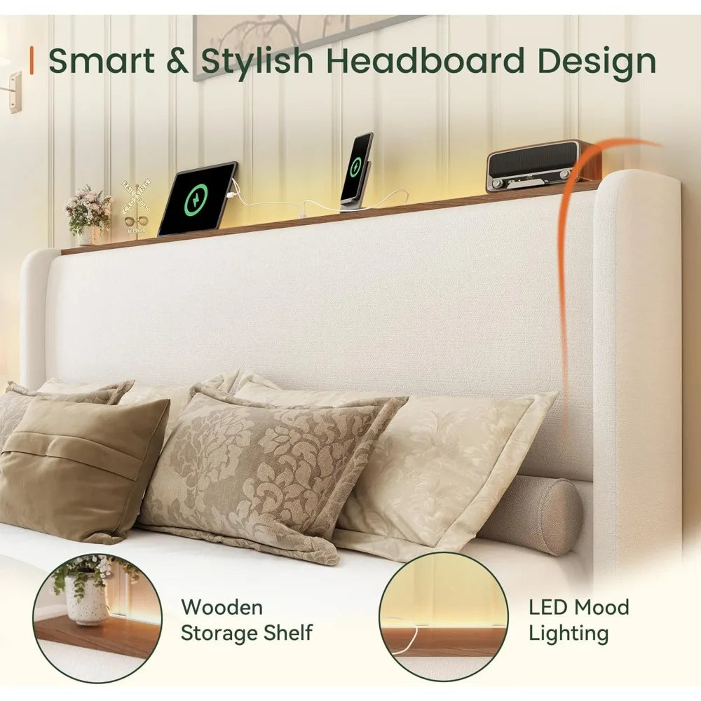 King Size Luxury Bed Frame with LED Lights and Charging Station