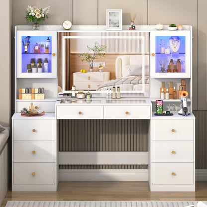 Dorm Style Makeup Vanity with Charging Station, Sliding Drawers, 2 Cabinets with Glass Door