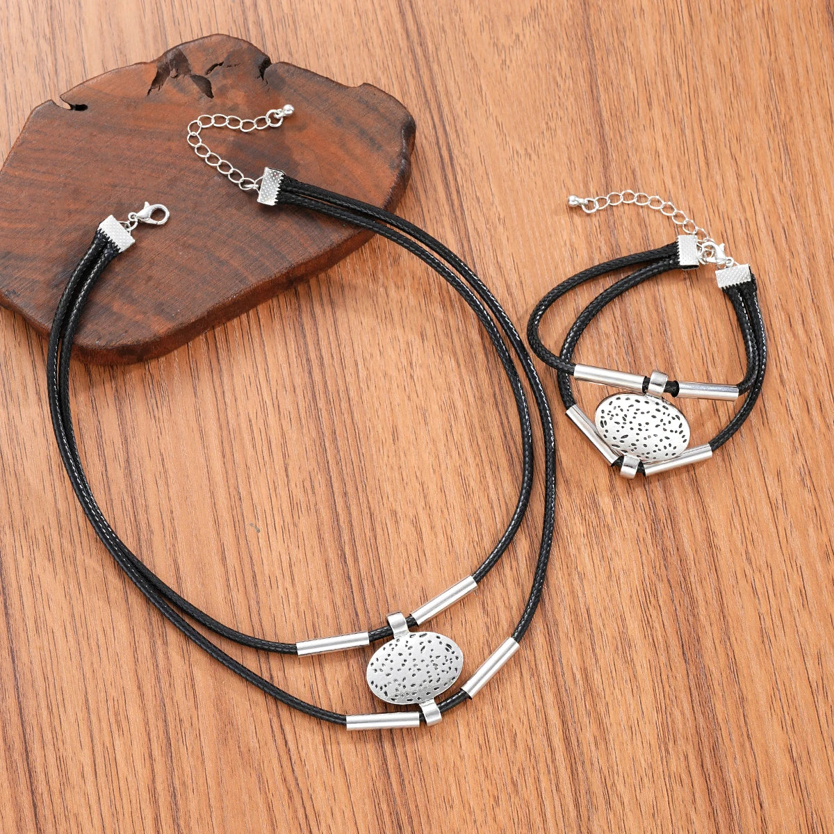 Faux Leather Necklace & Bracelet Set