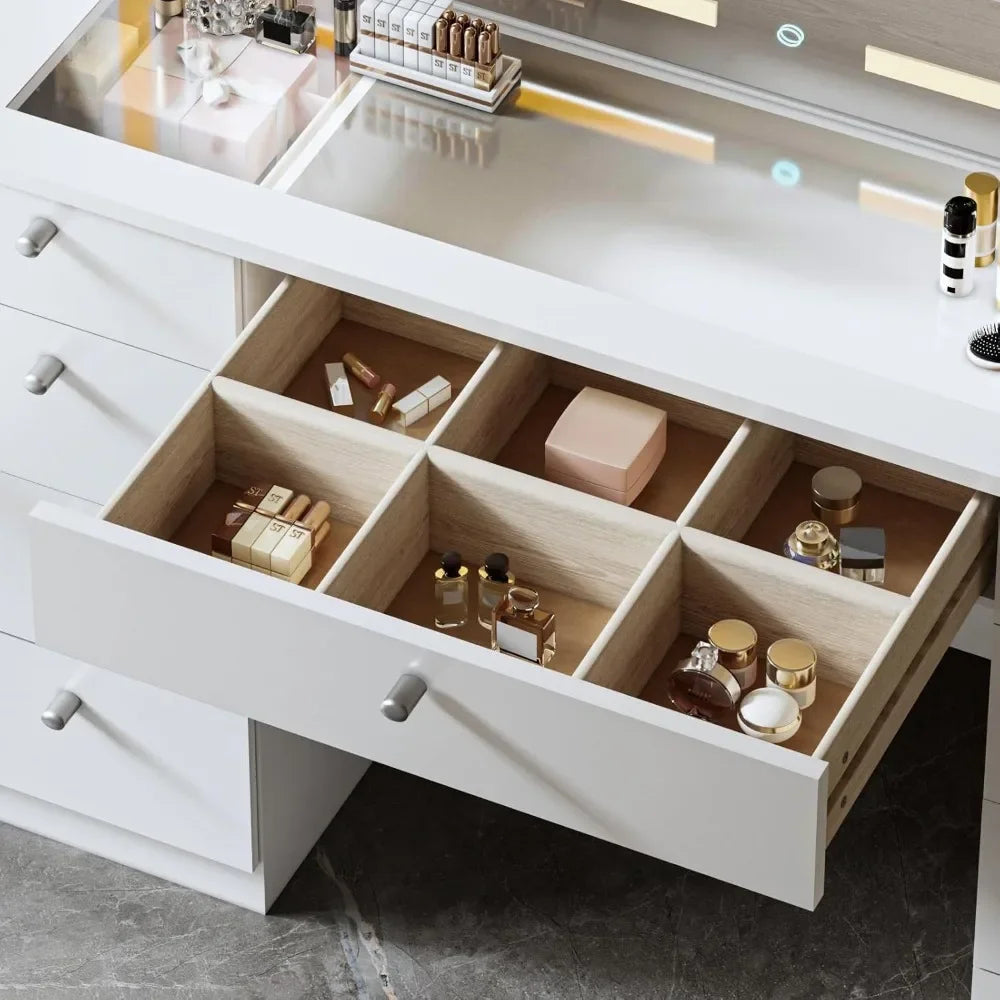 Glass Top Makeup Vanity Desk with Mirror & Lights