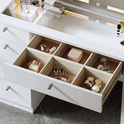 Glass Top Makeup Vanity Desk with Mirror & Lights