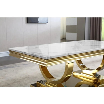 Luxe White Marble Coffee Table with Mirrored Stainless Steel Metal Base,