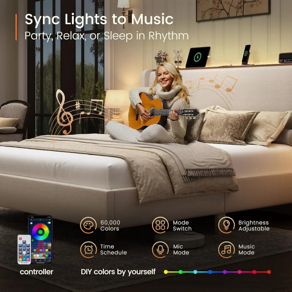 King Size Luxury Bed Frame with LED Lights and Charging Station