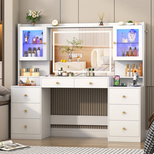 Dorm Style Makeup Vanity with Charging Station, Sliding Drawers, 2 Cabinets with Glass Door