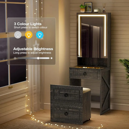 Mirrored  Glass Top Vanity with Jewelry Storage & Lights