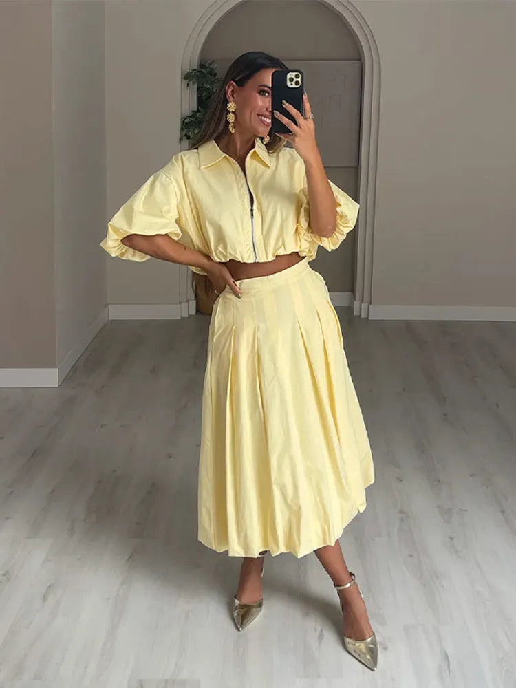 Linen Blend Zip Crop Top & Pleated Skirt ( Sold Separately)