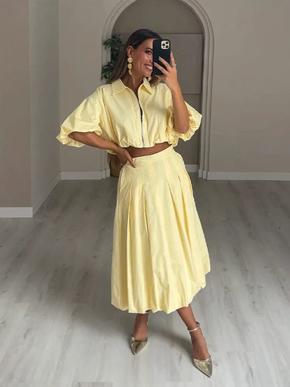 Linen Blend Zip Crop Top & Pleated Skirt ( Sold Separately)