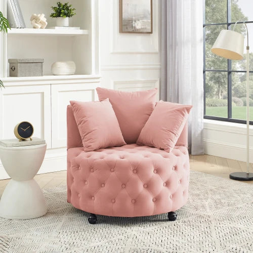Tufted, Velvet Swivel Chair With Throw Pillows