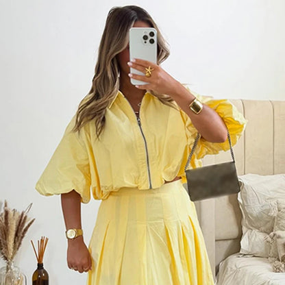 Linen Blend Zip Crop Top & Pleated Skirt ( Sold Separately)