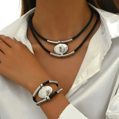 Faux Leather Necklace & Bracelet Set