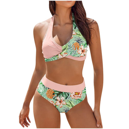 Color Block Floral High Waist Bikini Set