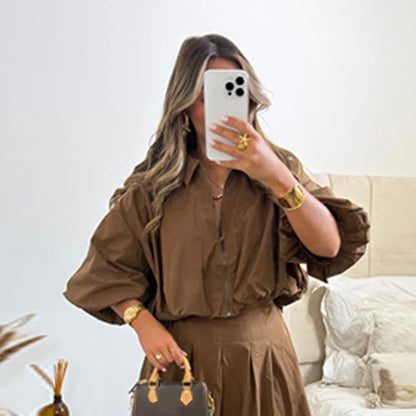 Linen Blend Zip Crop Top & Pleated Skirt ( Sold Separately)