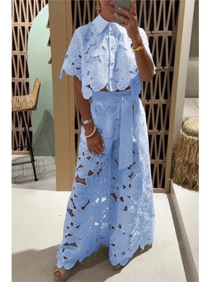 Elegant Floral Laser Cut Pant Set