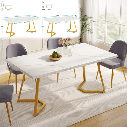 63-Inch Rectangular Dining Table with Faux Marble Table Top, (Chairs Not Included)