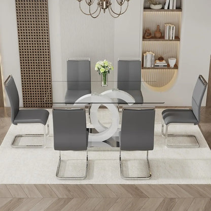 Modern Faux Leather Glass Dining Room Set