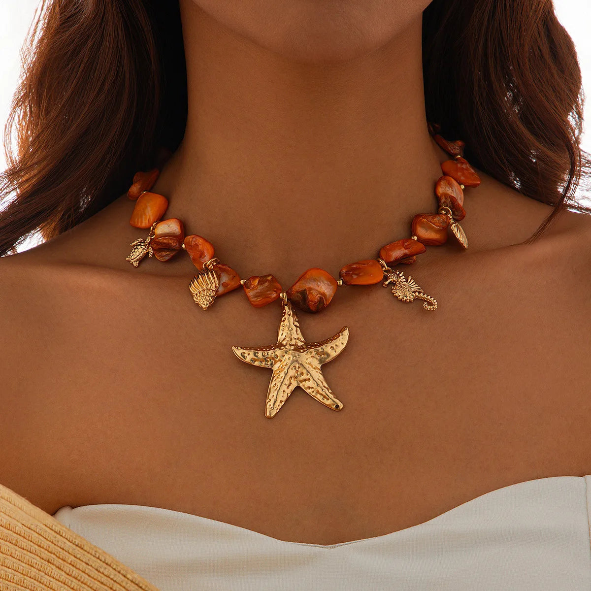 Starfish & Conch Shell Pendant Necklace