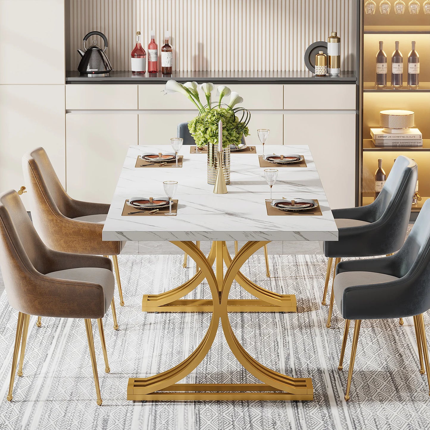 63-Inch Rectangular Dining Table with Faux Marble Table Top, (Chairs Not Included)
