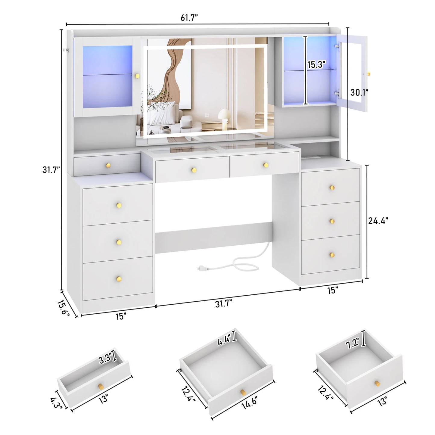 Dorm Style Makeup Vanity with Charging Station, Sliding Drawers, 2 Cabinets with Glass Door