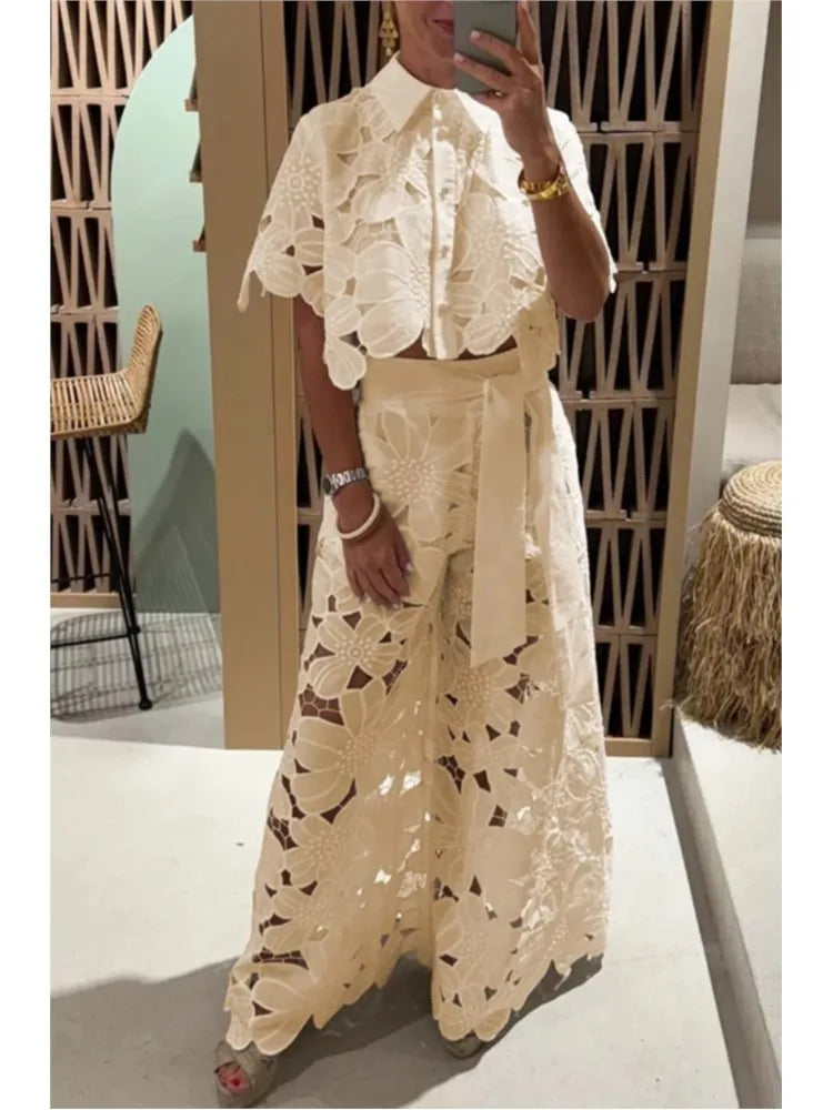 Elegant Floral Laser Cut Pant Set
