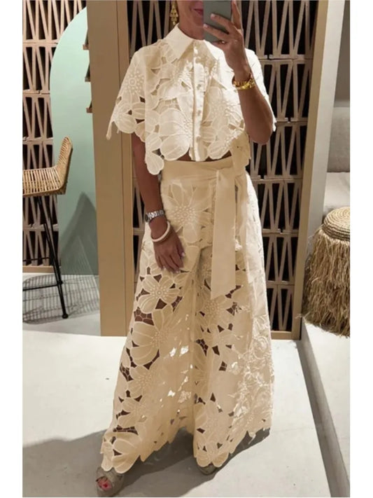 Elegant Floral Laser Cut Pant Set