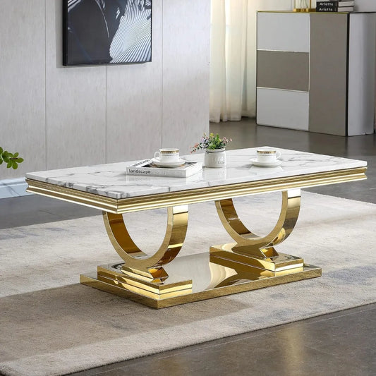 Luxe White Marble Coffee Table with Mirrored Stainless Steel Metal Base,