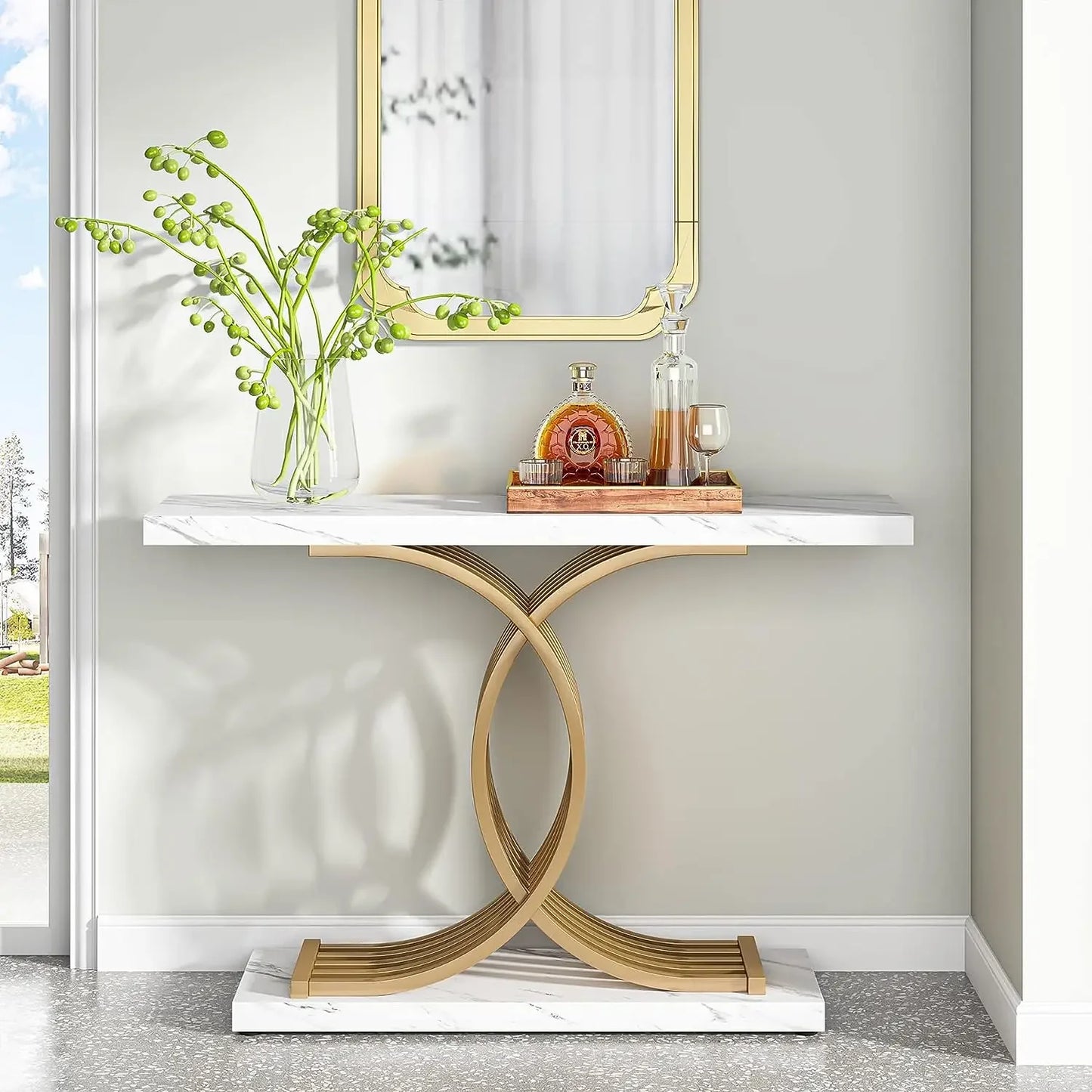 Designer Gold Entryway Table With Faux Marble