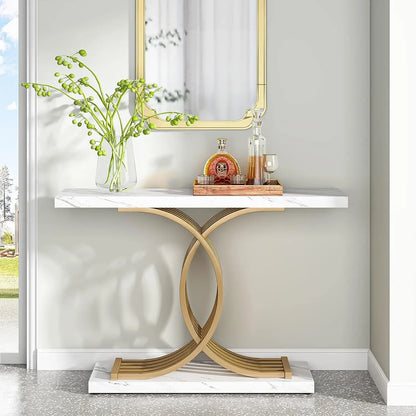 Designer Gold Entryway Table With Faux Marble