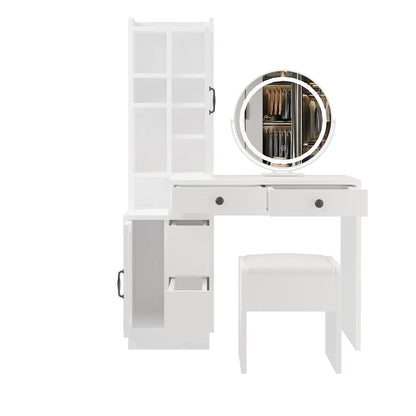 Sleek Makeup Vanity Table Set with Side Cabinet and LED Mirror