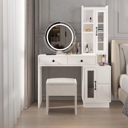 Sleek Makeup Vanity Table Set with Side Cabinet and LED Mirror