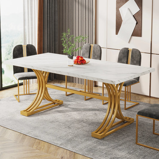 63-Inch Rectangular Dining Table with Faux Marble Table Top, (Chairs Not Included)