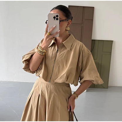 Linen Blend Zip Crop Top & Pleated Skirt ( Sold Separately)