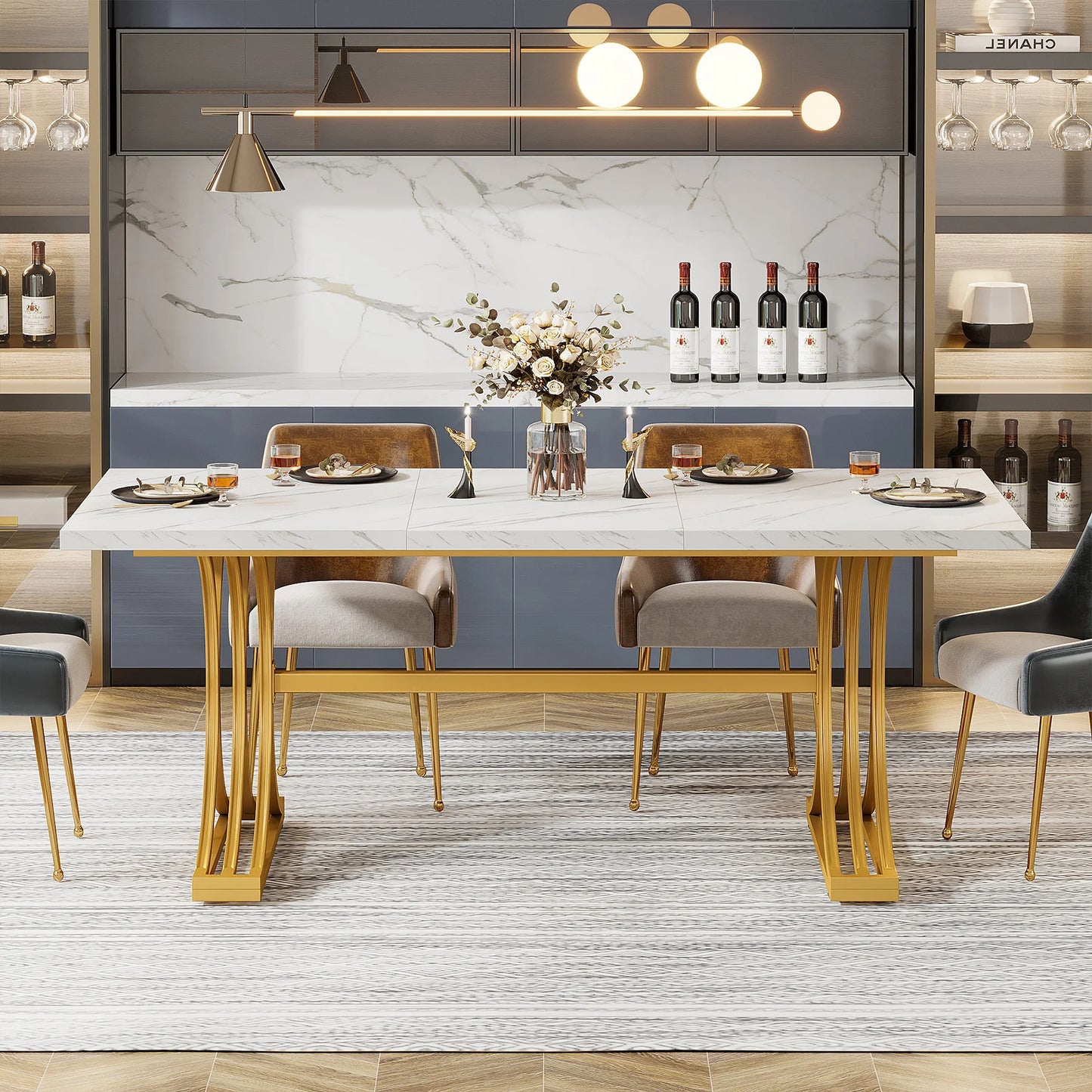 63-Inch Rectangular Dining Table with Faux Marble Table Top, (Chairs Not Included)