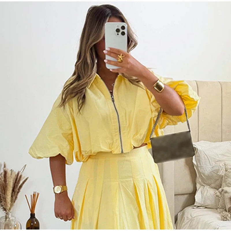 Linen Blend Zip Crop Top & Pleated Skirt ( Sold Separately)