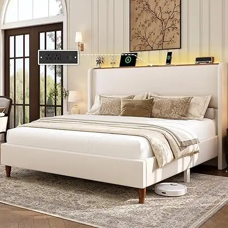 King Size Luxury Bed Frame with LED Lights and Charging Station