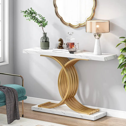 Designer Gold Entryway Table With Faux Marble