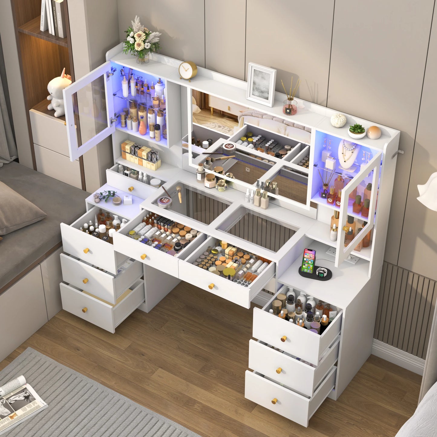 Dorm Style Makeup Vanity with Charging Station, Sliding Drawers, 2 Cabinets with Glass Door