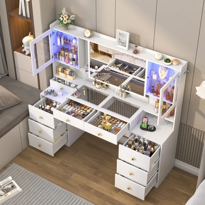 Dorm Style Makeup Vanity with Charging Station, Sliding Drawers, 2 Cabinets with Glass Door