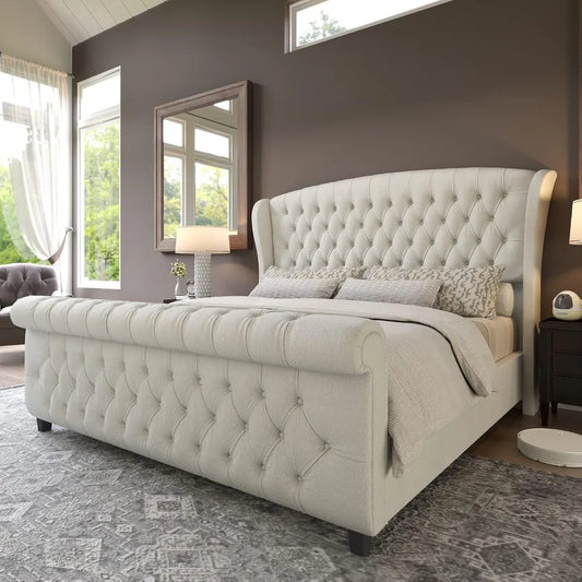 Chenille Upholstered Sleigh Bed