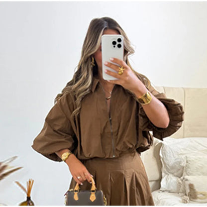 Linen Blend Zip Crop Top & Pleated Skirt ( Sold Separately)