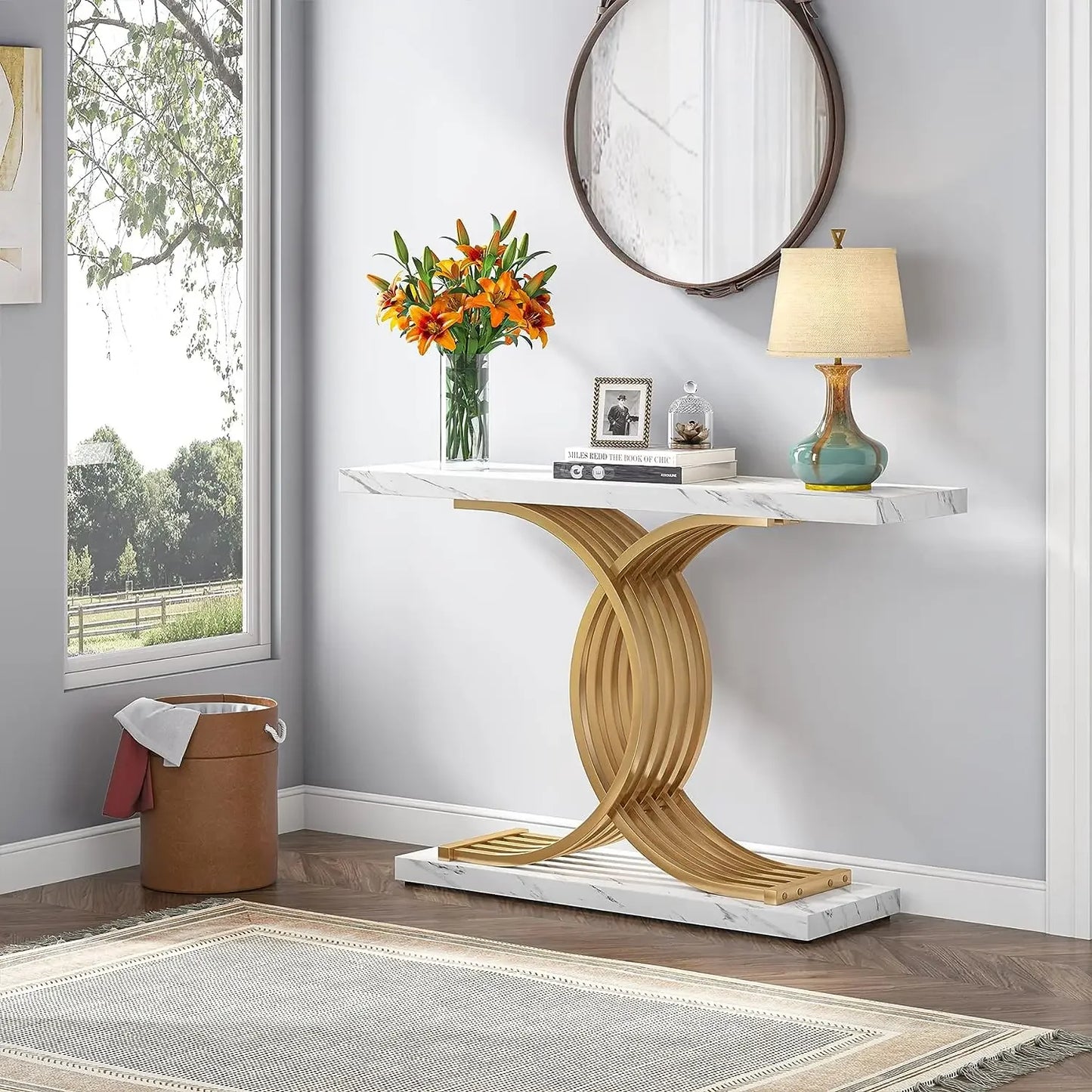 Designer Gold Entryway Table With Faux Marble
