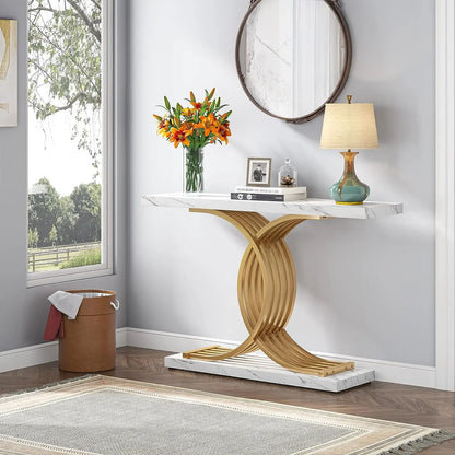 Designer Gold Entryway Table With Faux Marble