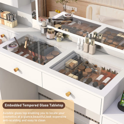 Dorm Style Makeup Vanity with Charging Station, Sliding Drawers, 2 Cabinets with Glass Door