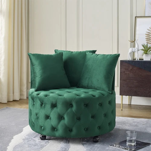 Tufted, Velvet Swivel Chair With Throw Pillows