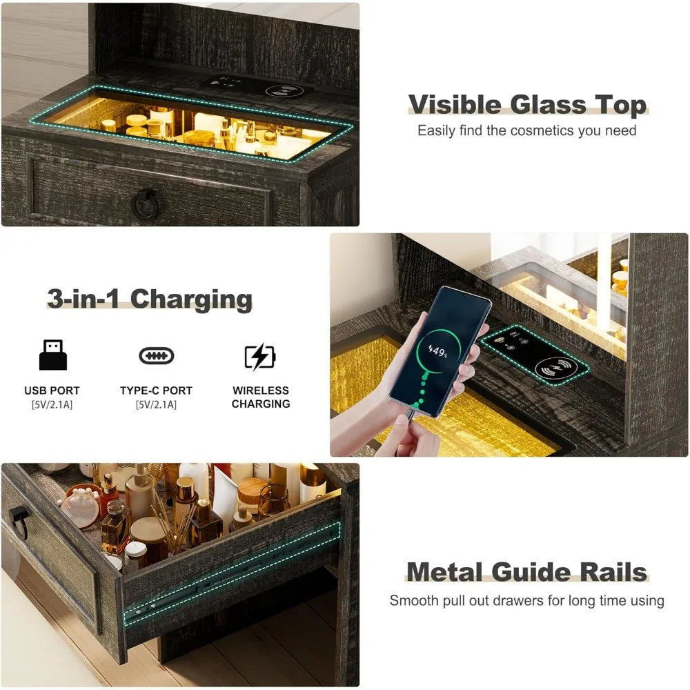 Mirrored  Glass Top Vanity with Jewelry Storage & Lights