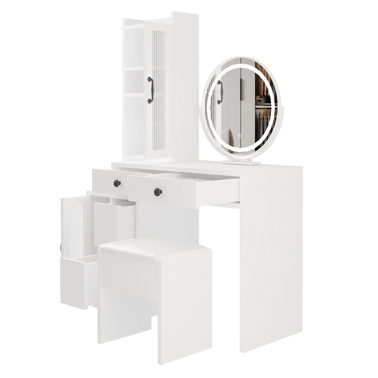 Sleek Makeup Vanity Table Set with Side Cabinet and LED Mirror