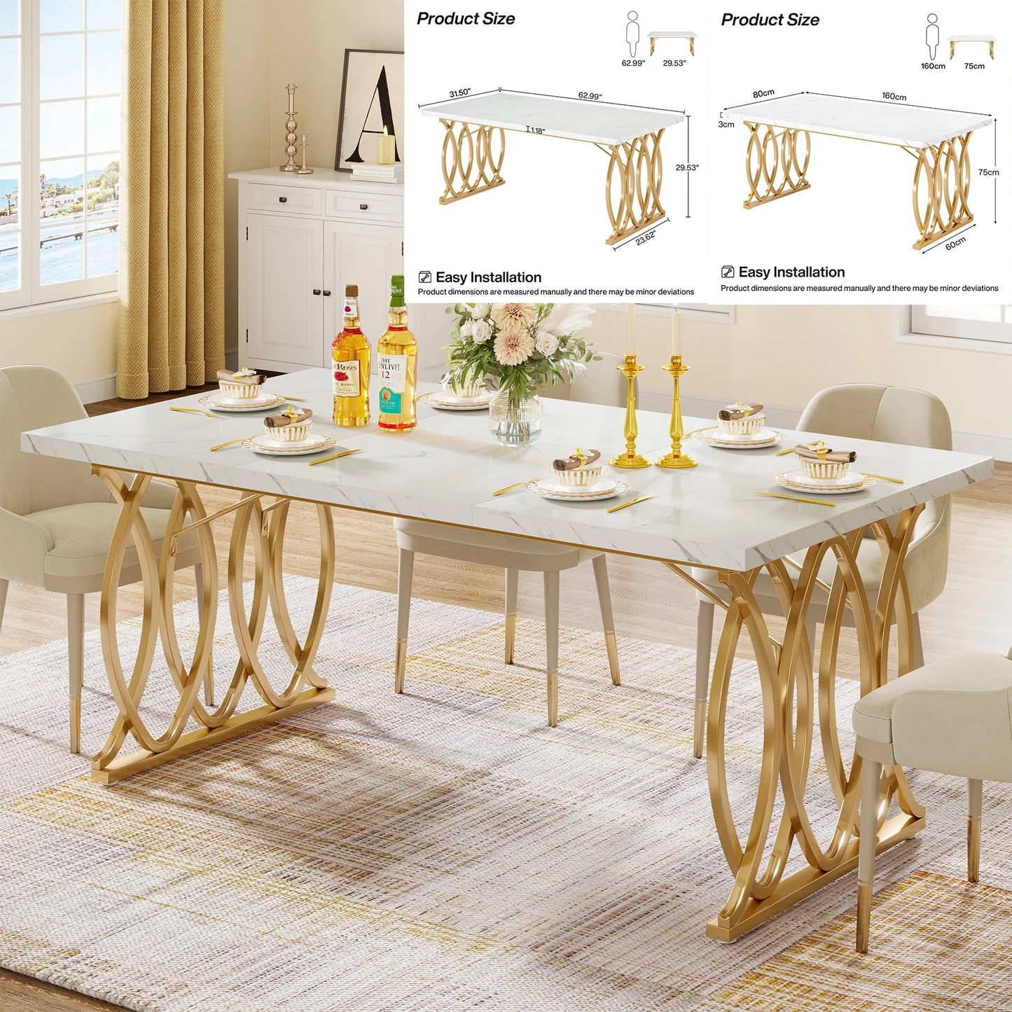 63-Inch Rectangular Dining Table with Faux Marble Table Top, (Chairs Not Included)