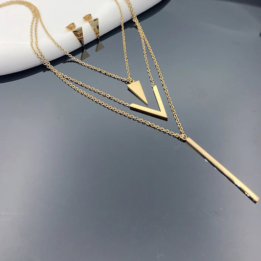 Geometric Pendant Multi-Layer Necklace Set