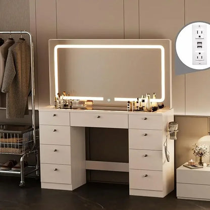Glass Top Makeup Vanity Desk with Mirror & Lights